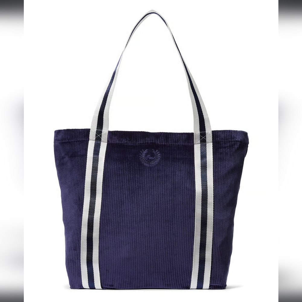 Victoria Secret Dark Blue Corduroy Tote Bag With Velour Finish Zip Closure